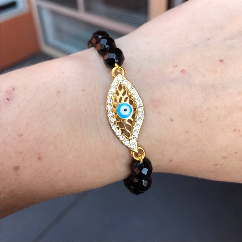 Evil Eye black agate beaded stretch bracelet - Picture 13 of 14